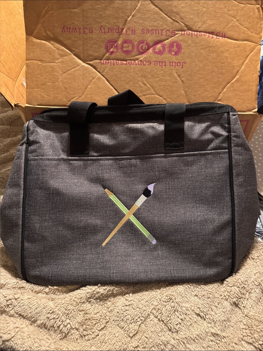 Large Gray Canvas Tote Bag with Pencil & Paintbrush Embroidery